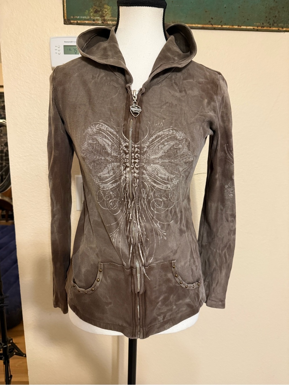 Sledge USA Zip Up Hoodie Women M Brown Studded Y2K Grunge Cyber Goth Wings